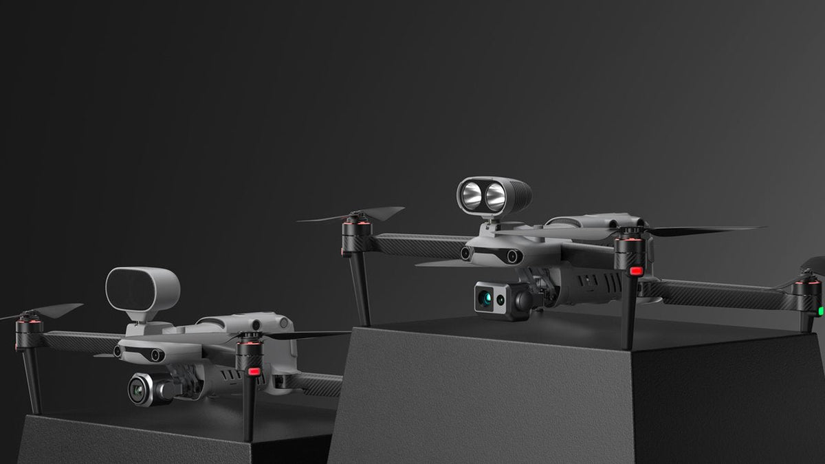 Two Autel EVO II Enterprise V3 drones with spotlight and speaker accessories
