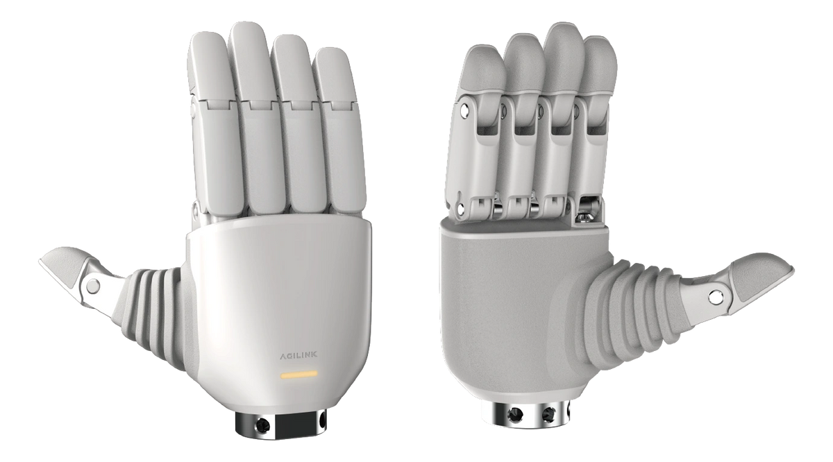 AgiBot OmniHand 3 Lite-S dexterous hand, palm and back views, white finish