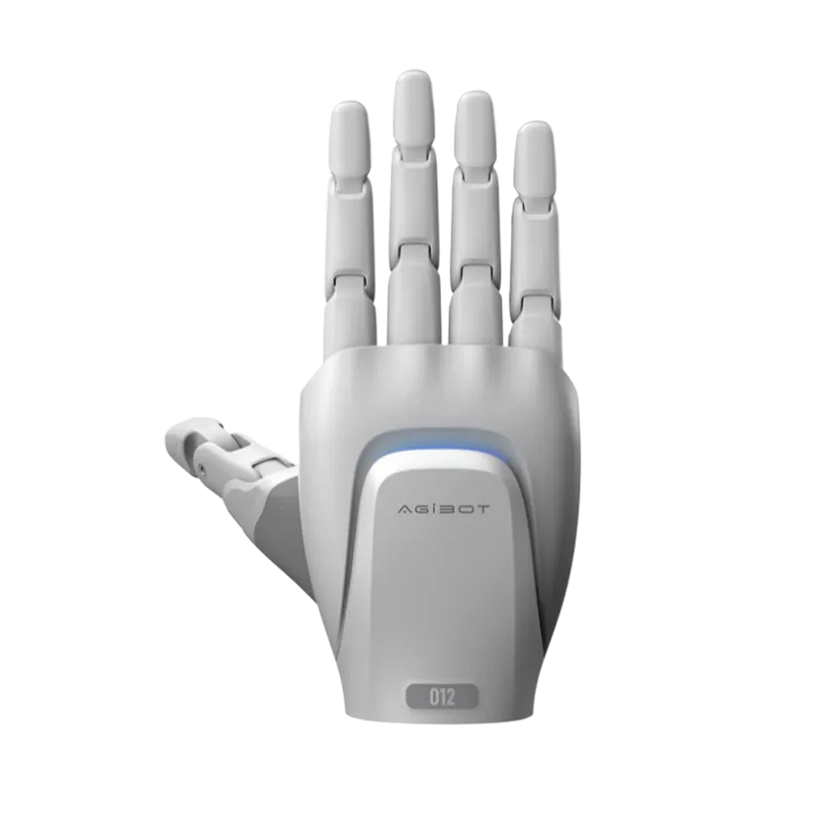 AgiBot OmniHand Pro O12 in graphite, angled view showing the O12 badge and fingertip sensor housings