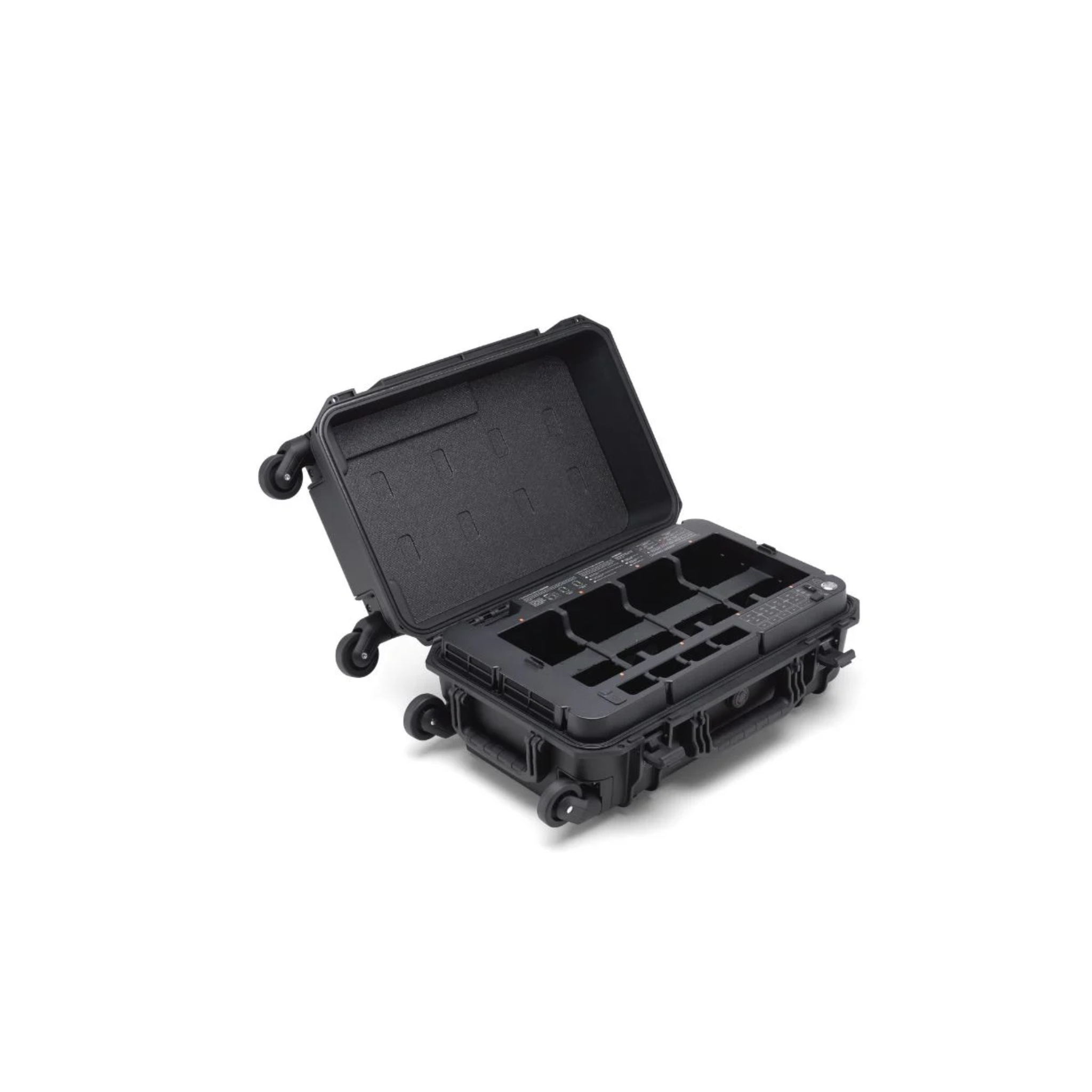 DJI BS65 Intelligent Battery Station open view displaying battery slots and smart charging interface.
