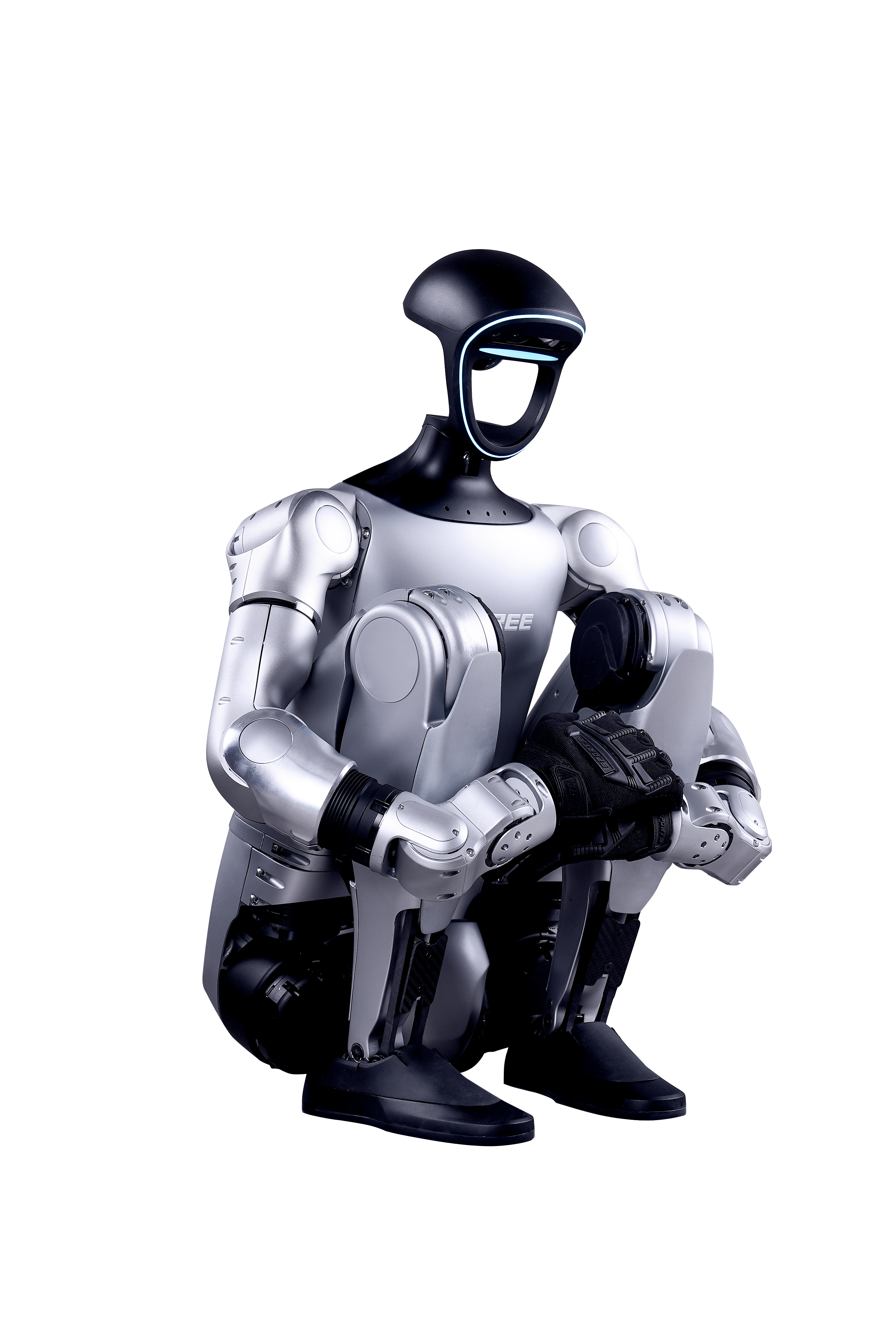 Unitree G1 humanoid robot in squat pose showing joint mobility