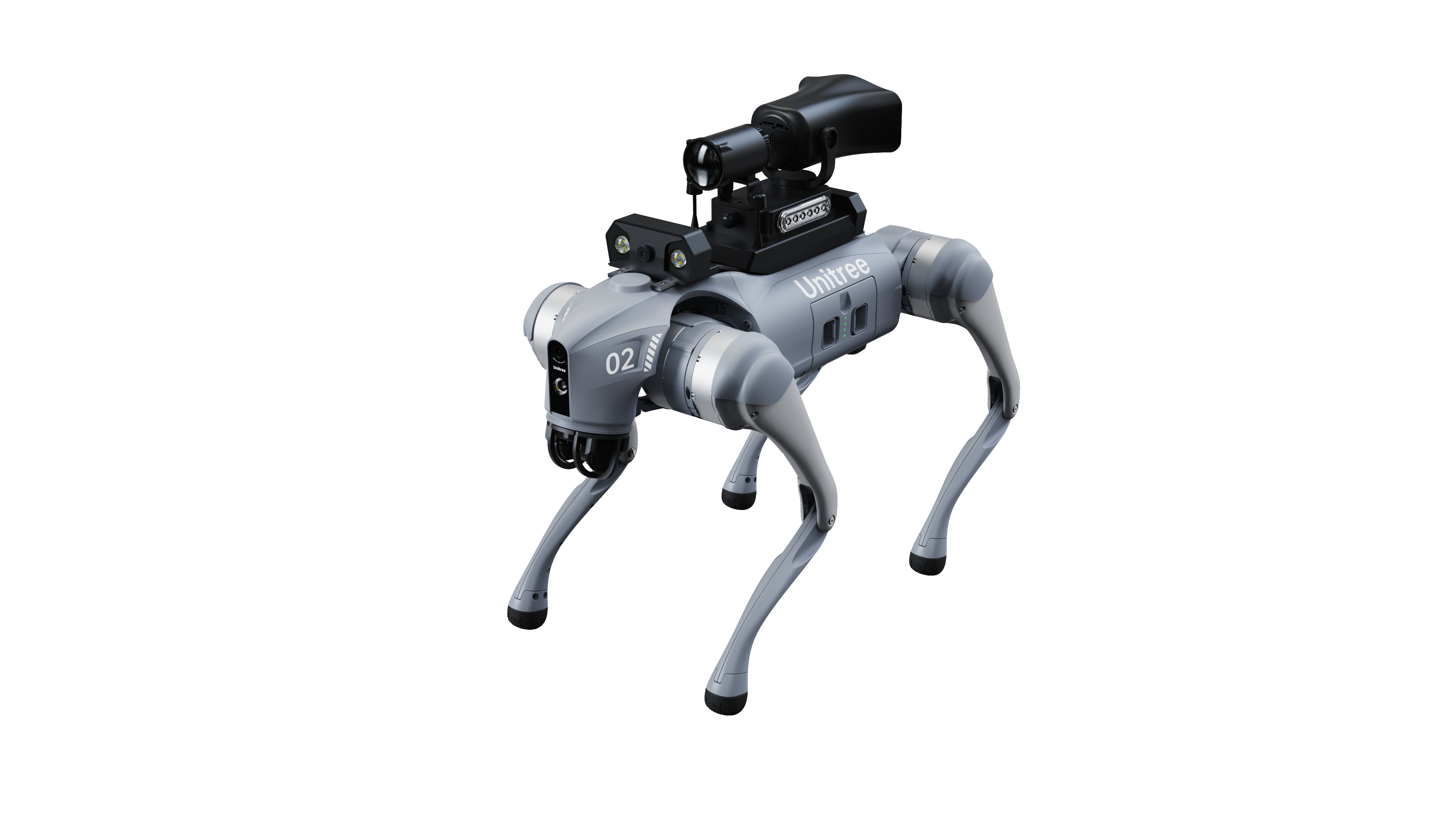 Unitree Go2 X quadruped robot dog, studio view on white background