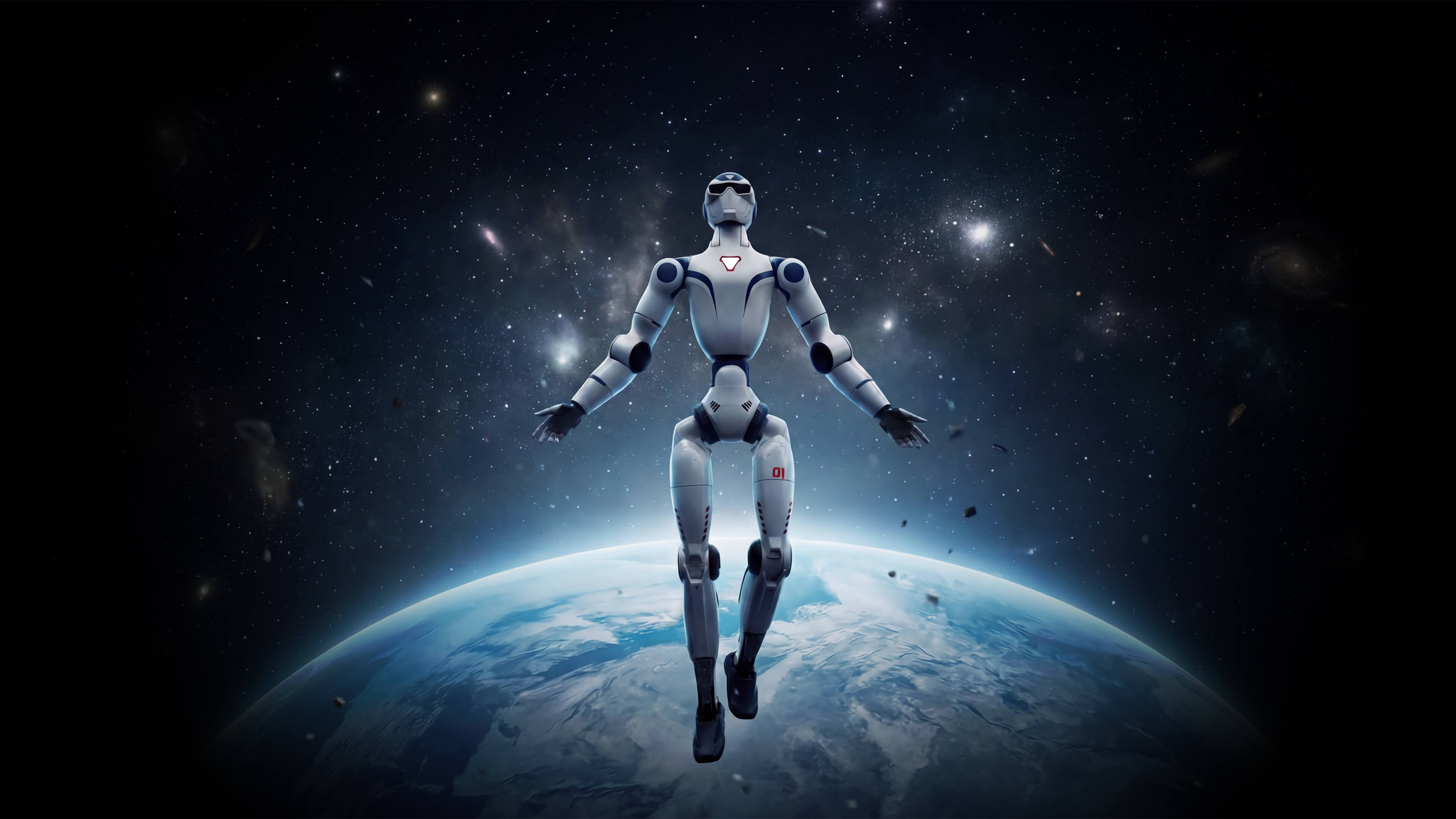 Unitree R1 Edu humanoid robot floating above Earth, official Unitree marketing render