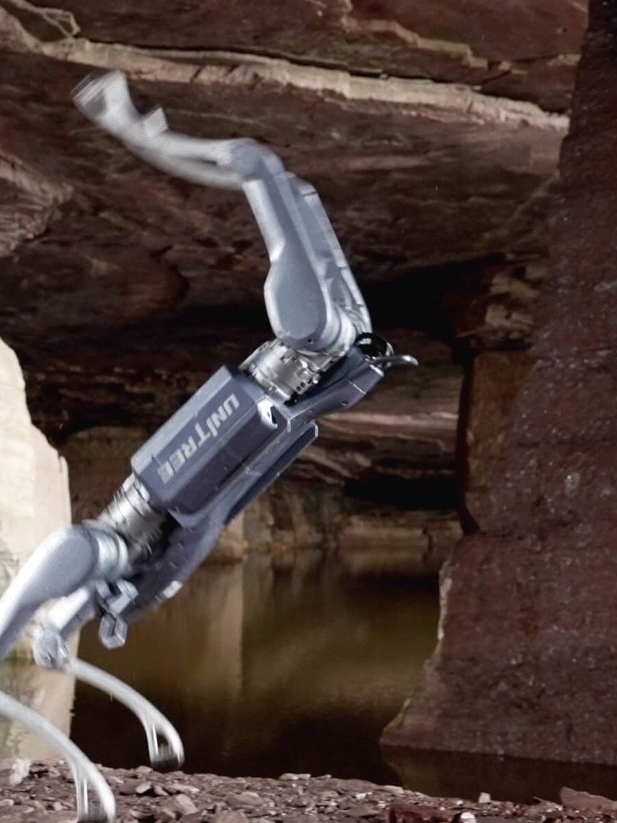 Unitree A2 quadruped robot climbing a vertical rock canyon wall