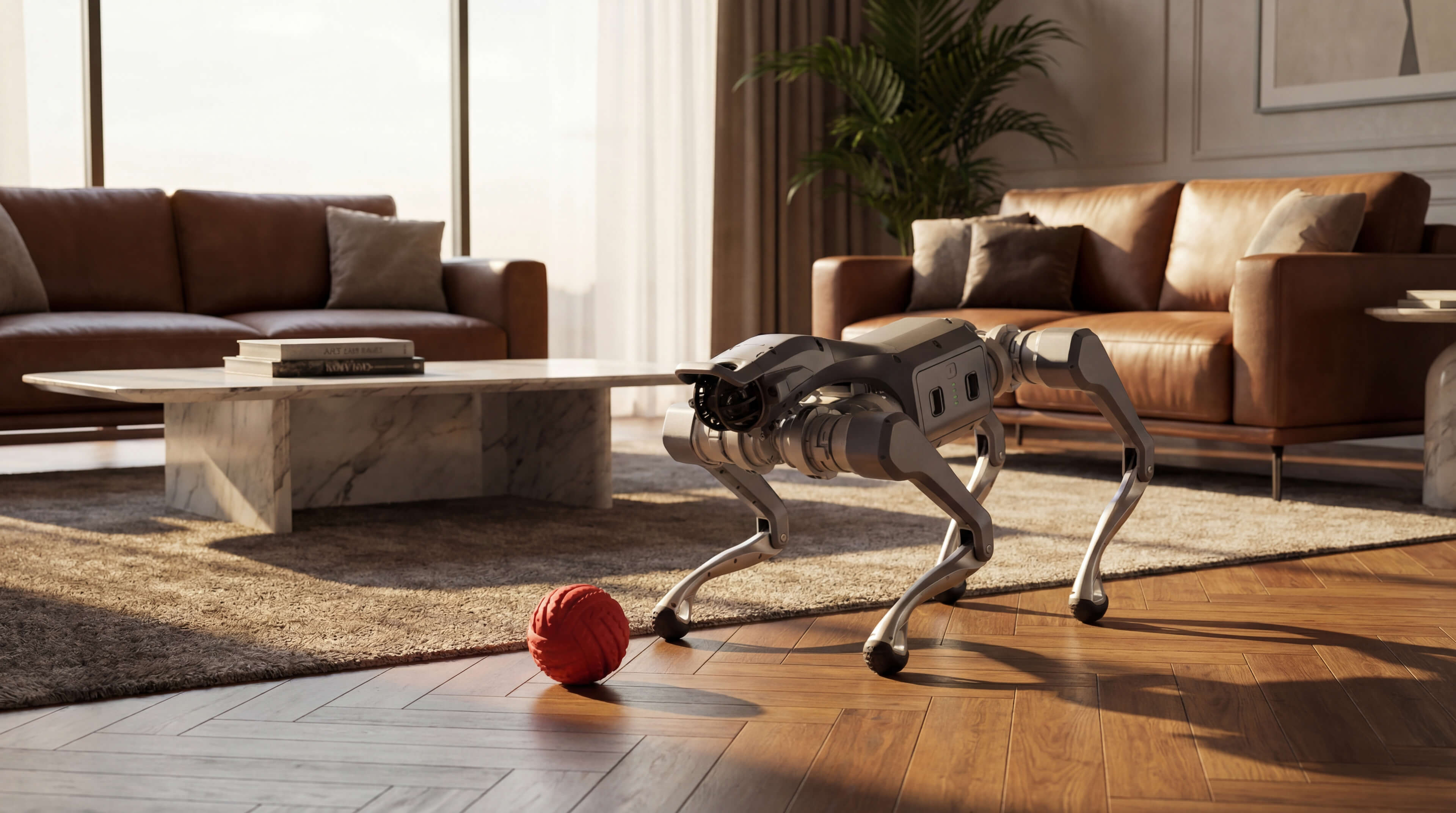 Unitree As2 quadruped robot walking indoors in a living room