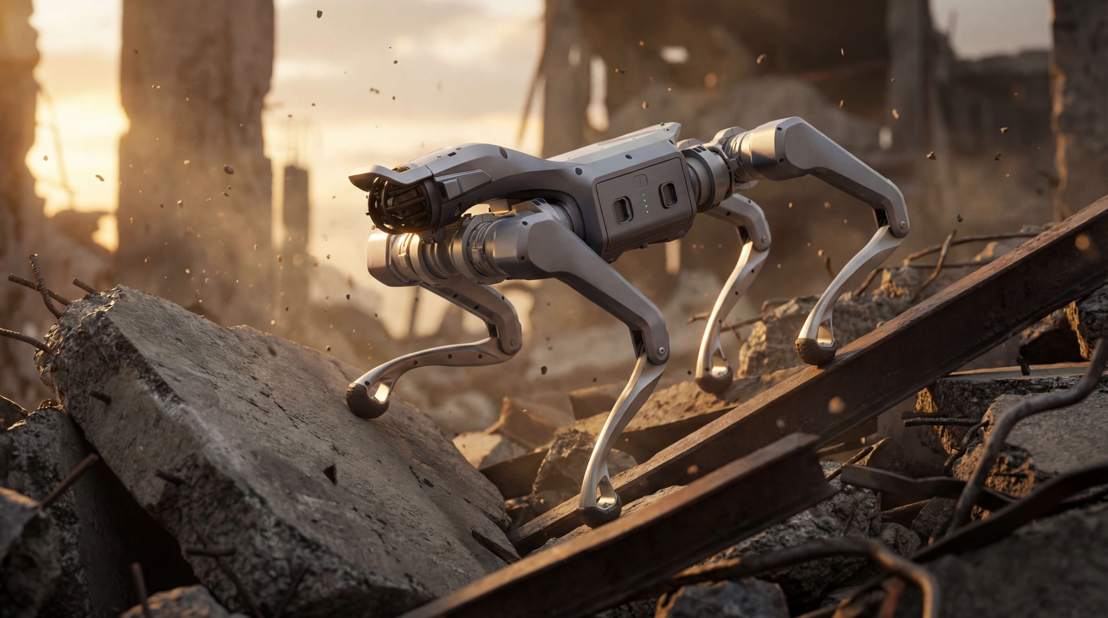 Unitree As2 quadruped robot traversing rubble in an industrial inspection scenario