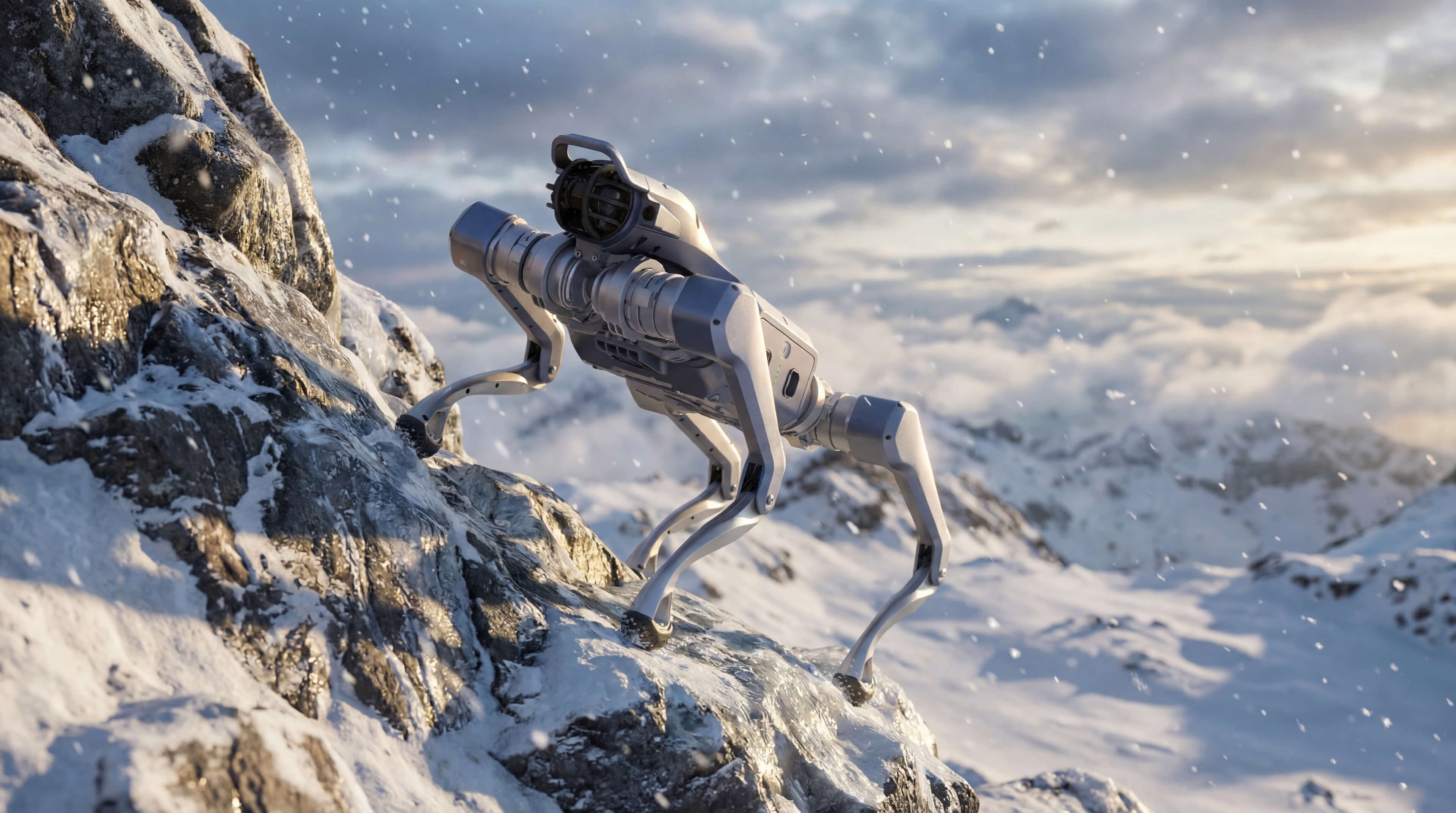 Unitree As2 quadruped robot ascending a snowy mountain slope