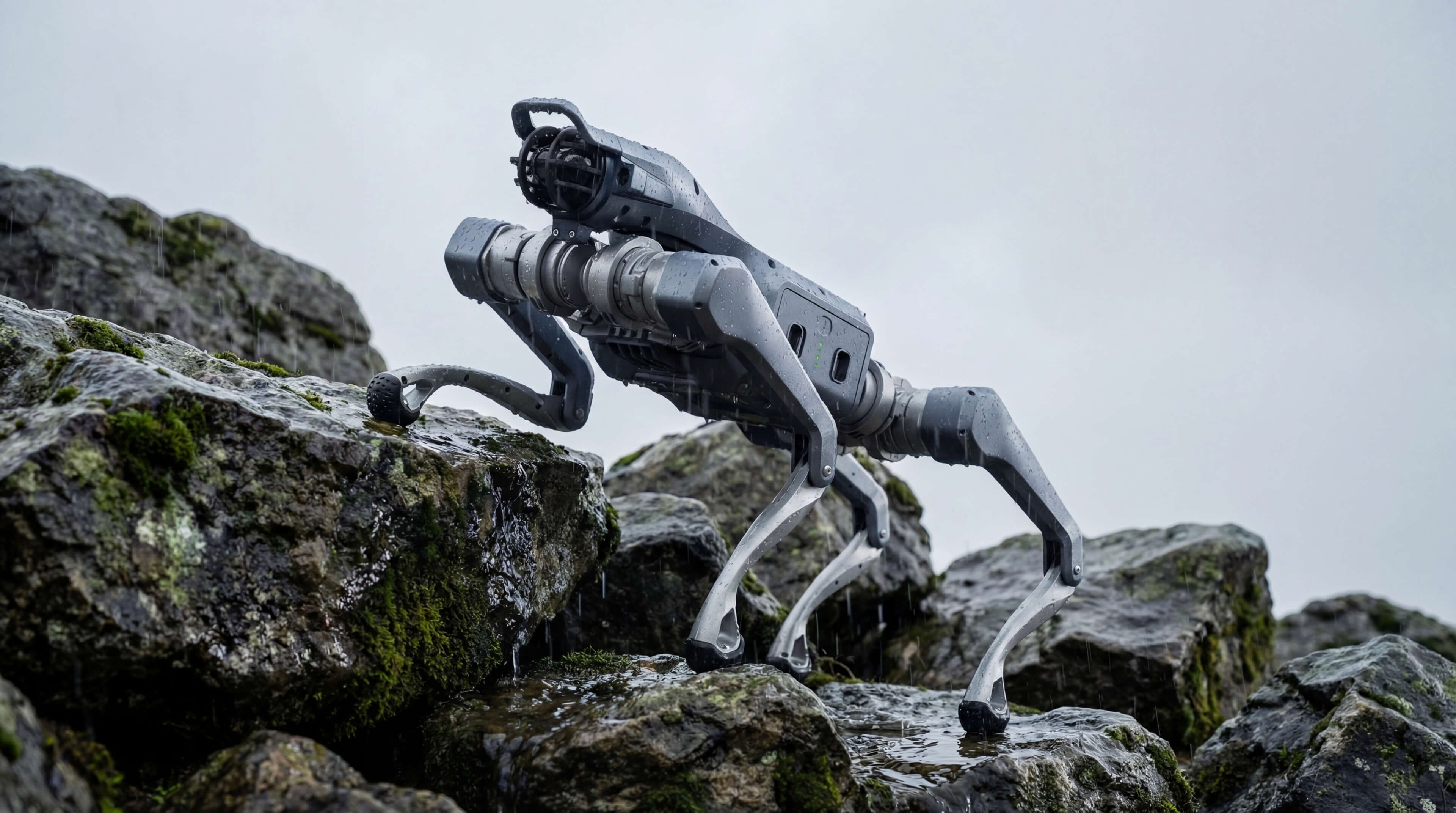 Unitree robot dog on rugged terrain — robotics collection banner