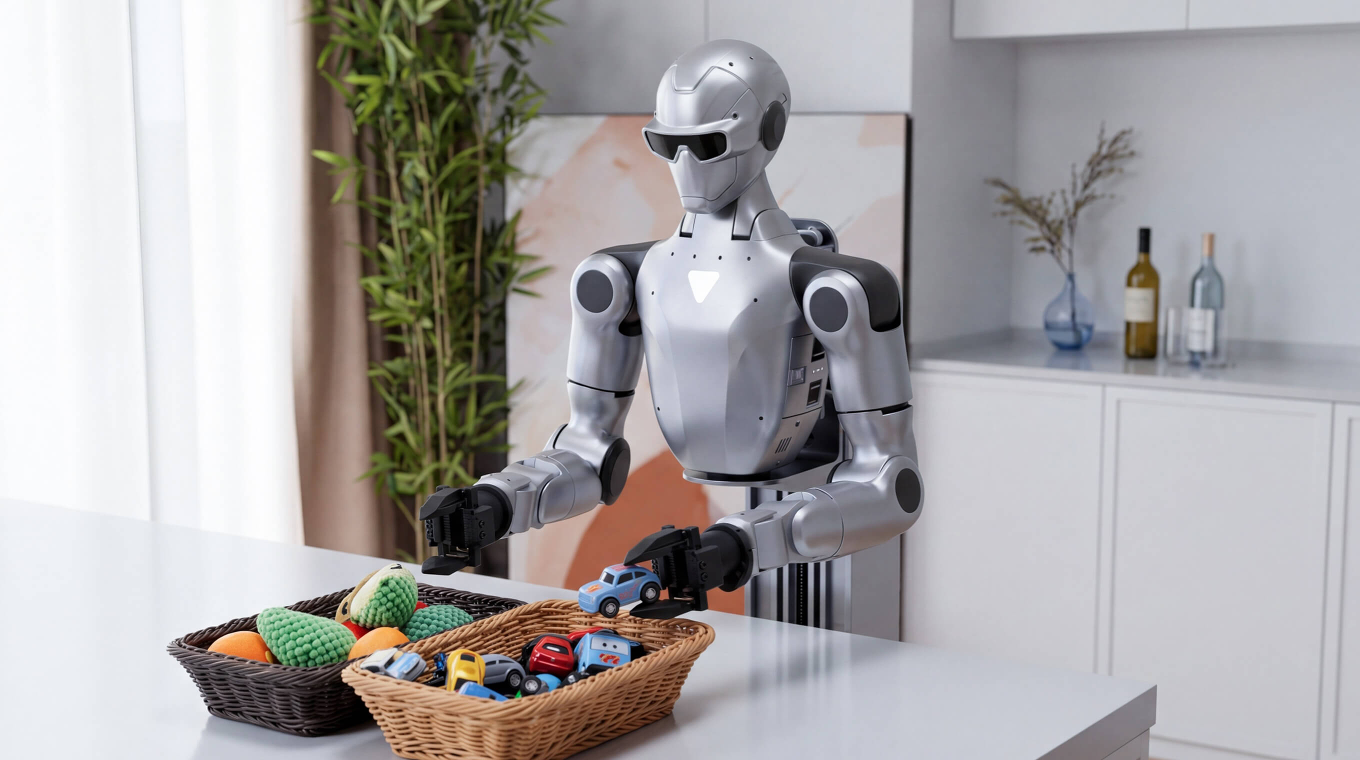 Unitree R1-A5 dual-arm robot sorting items in a home setting