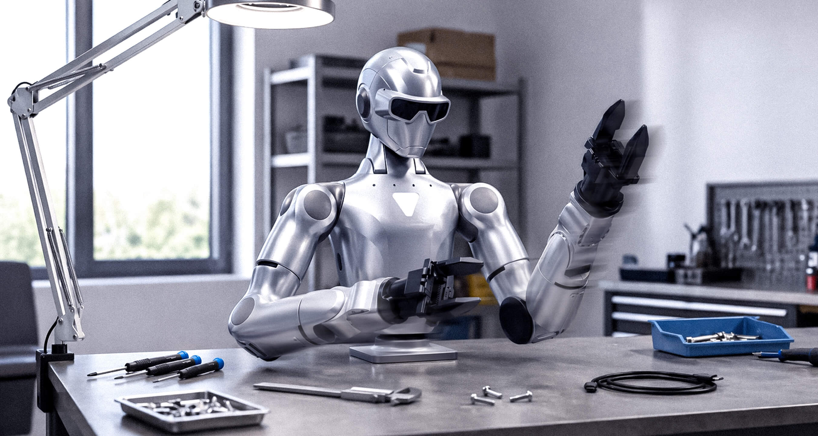 Unitree R1-A5 dual-arm robot working with tools at a workbench