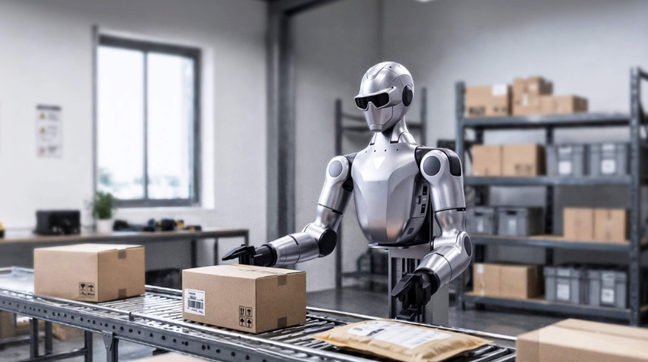 Unitree R1-A7 dual-arm robot handling parcels on a logistics conveyor