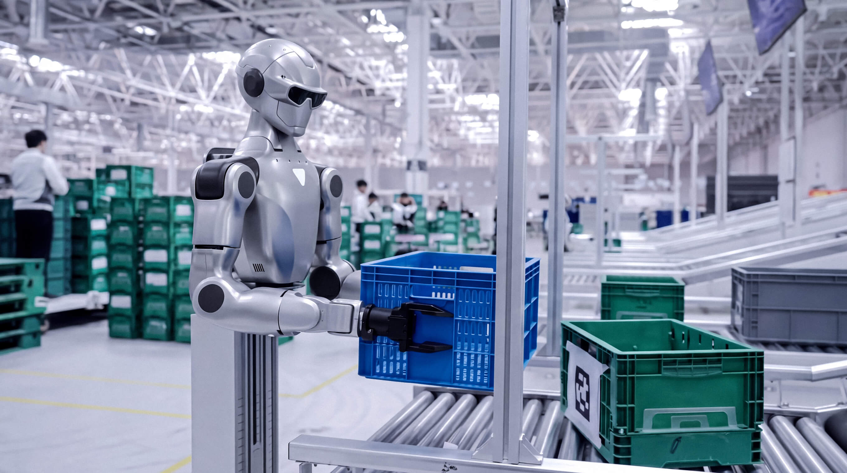 Unitree R1-A7 dual-arm robot moving crates in a warehouse