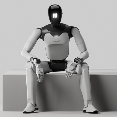 AgiBot A3 Ultra humanoid robot seated on a block