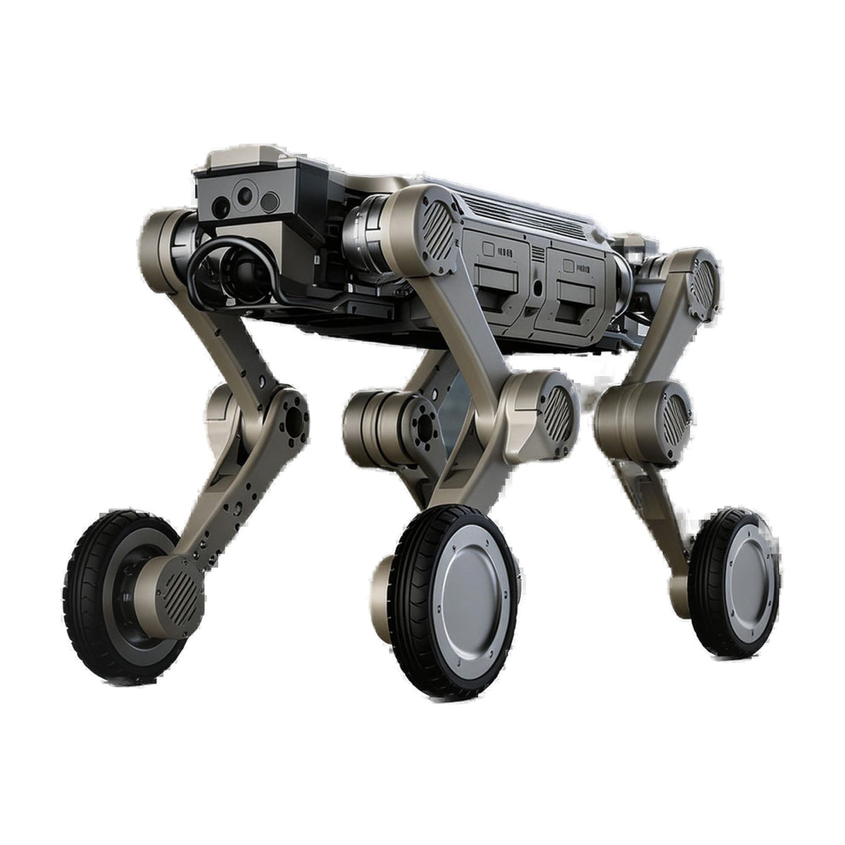 AgiBot D1 Max wheel-leg quadruped robot on white background, three-quarter front view, 41 kg industrial platform with 25 kg rated payload