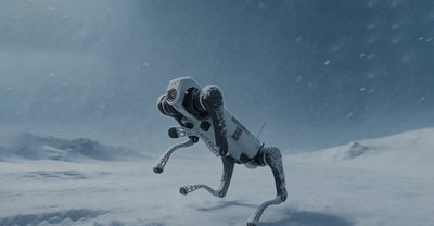 AgiBot D1 MaxPro operating in blowing snow, showing its IP67 cold-weather rating