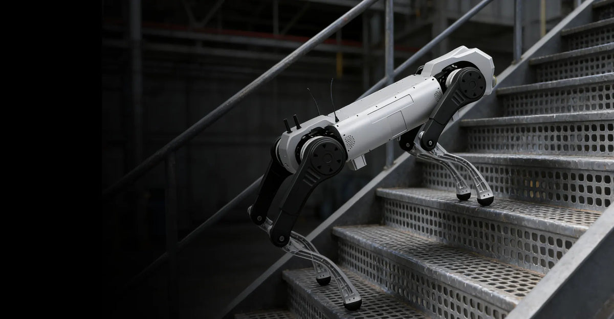 AgiBot D1 MaxPro walking down industrial metal stairs