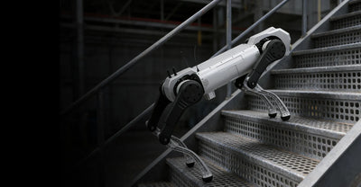 AgiBot D1 MaxPro walking down industrial metal stairs