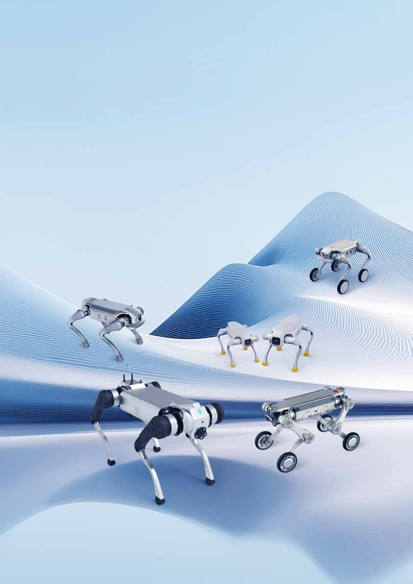 AgiBot D1 series quadruped robots, showing legged and wheeled configurations across a light blue landscape