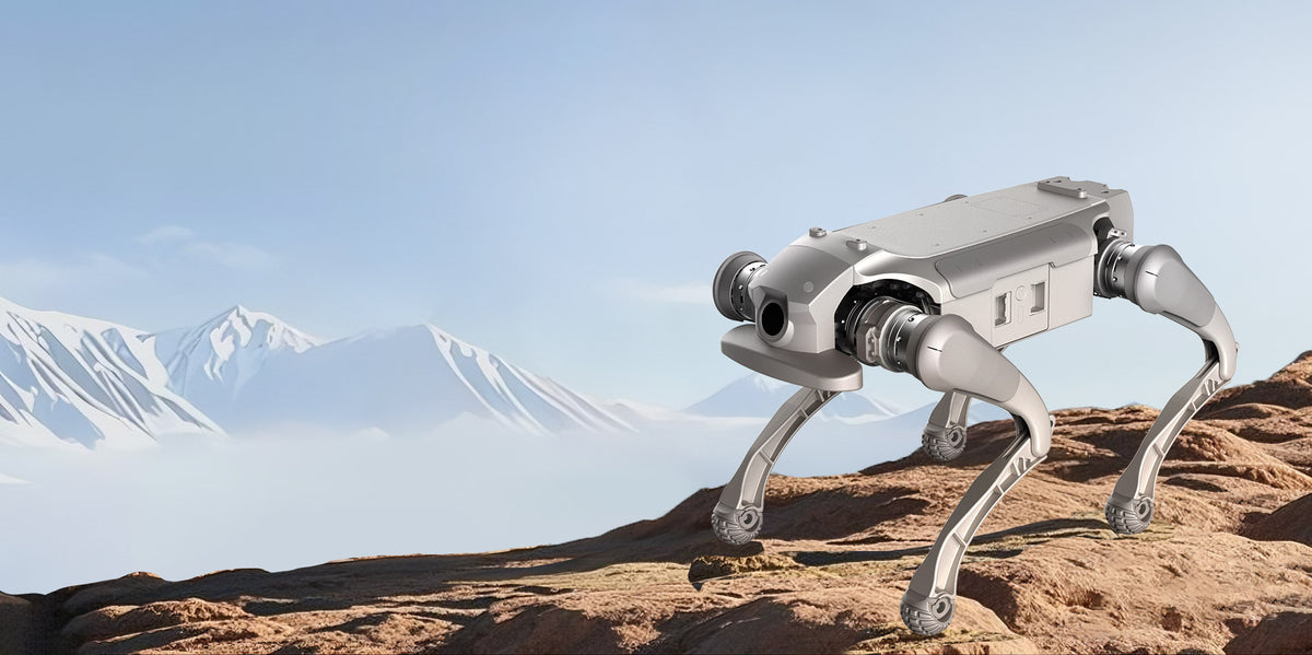 AgiBot D1 Ultra quadruped robot crossing rocky terrain during a search and rescue mission