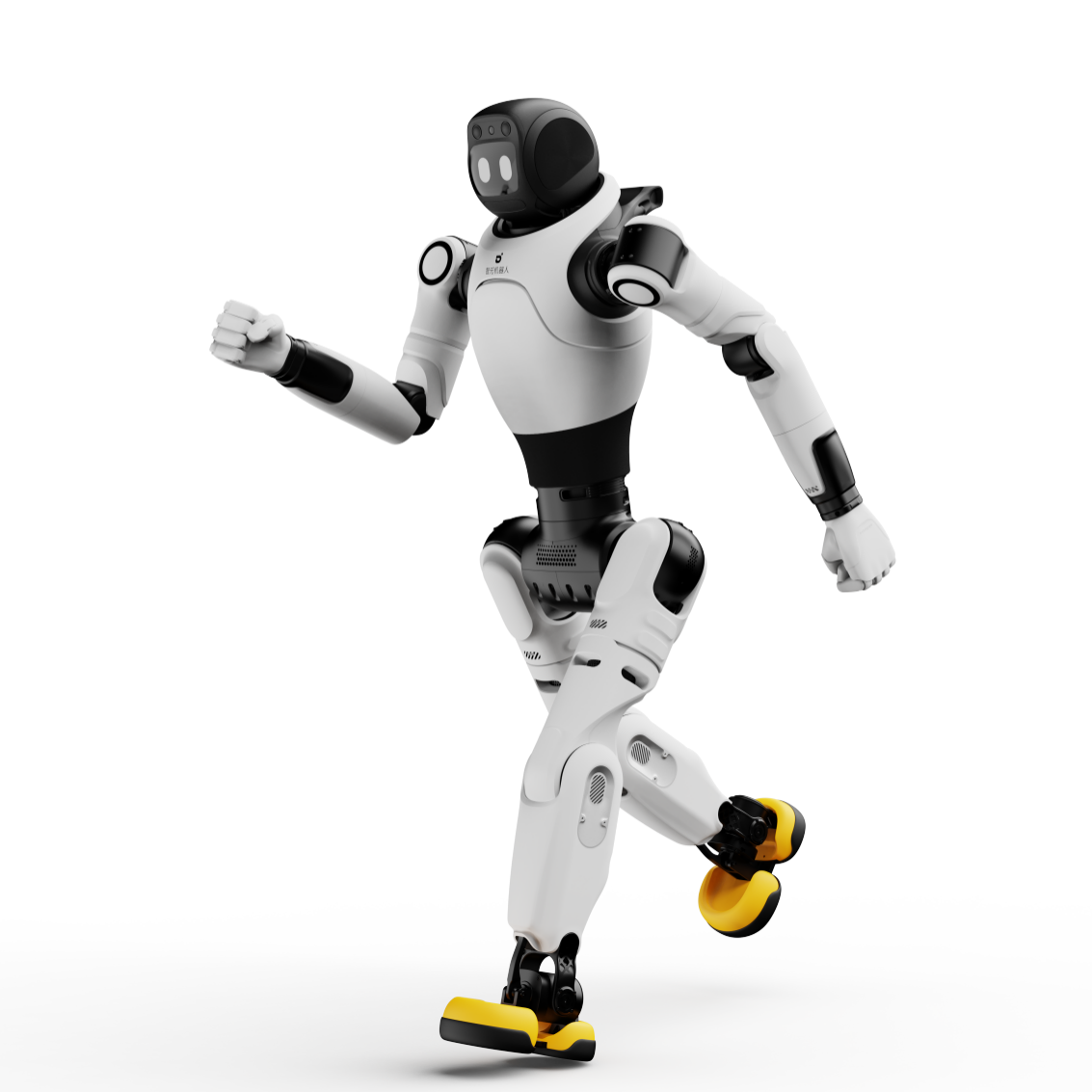 AgiBot X2 humanoid robot standing, 131 cm half-size humanoid with white shell and yellow footpads