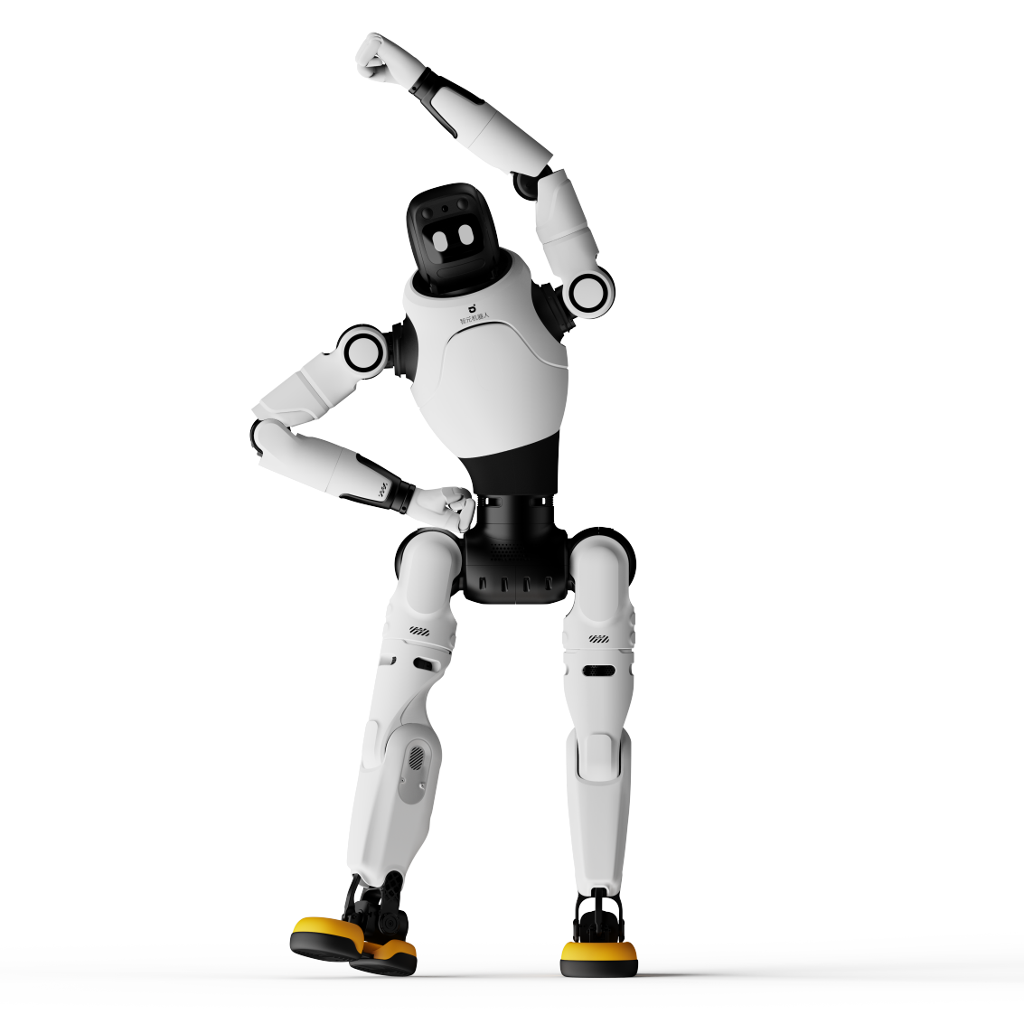 AgiBot X2 humanoid robot in a wide dynamic stance demonstrating full-body motion control