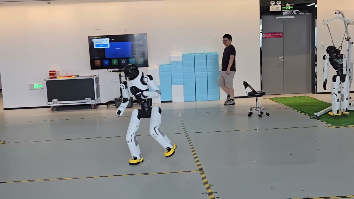 AgiBot X2 humanoid robot performing on an exhibition floor in front of display screens