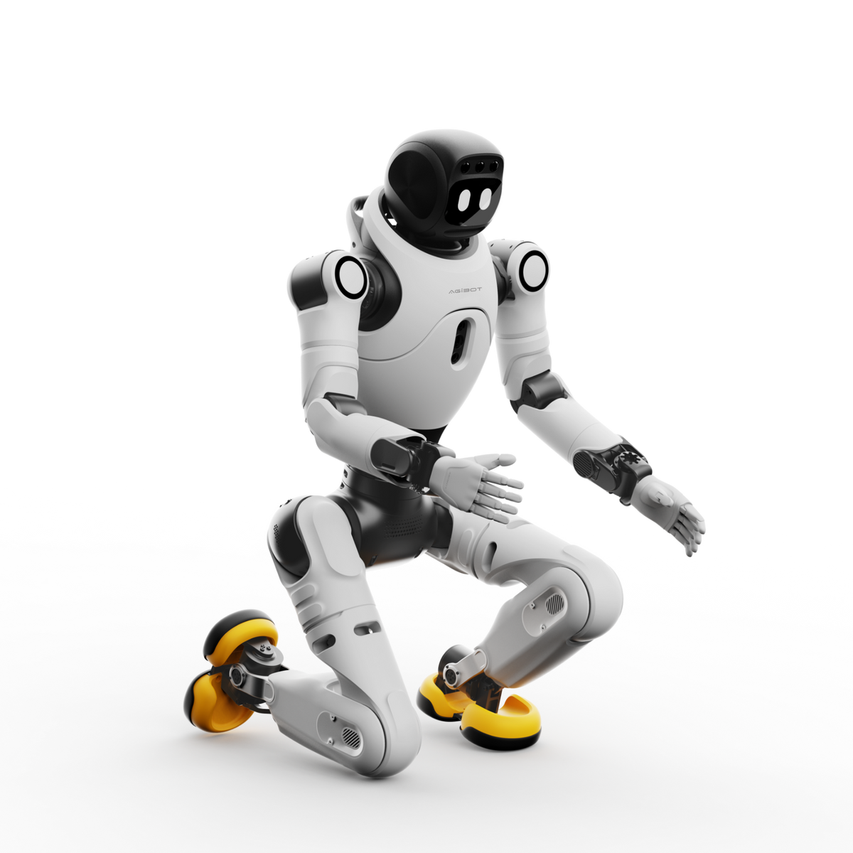 AgiBot X2 Ultra humanoid robot crouching, showing seven degree-of-freedom arms