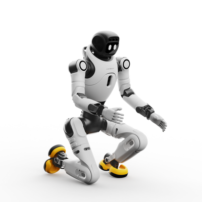 AgiBot X2 Ultra humanoid robot crouching, showing seven degree-of-freedom arms