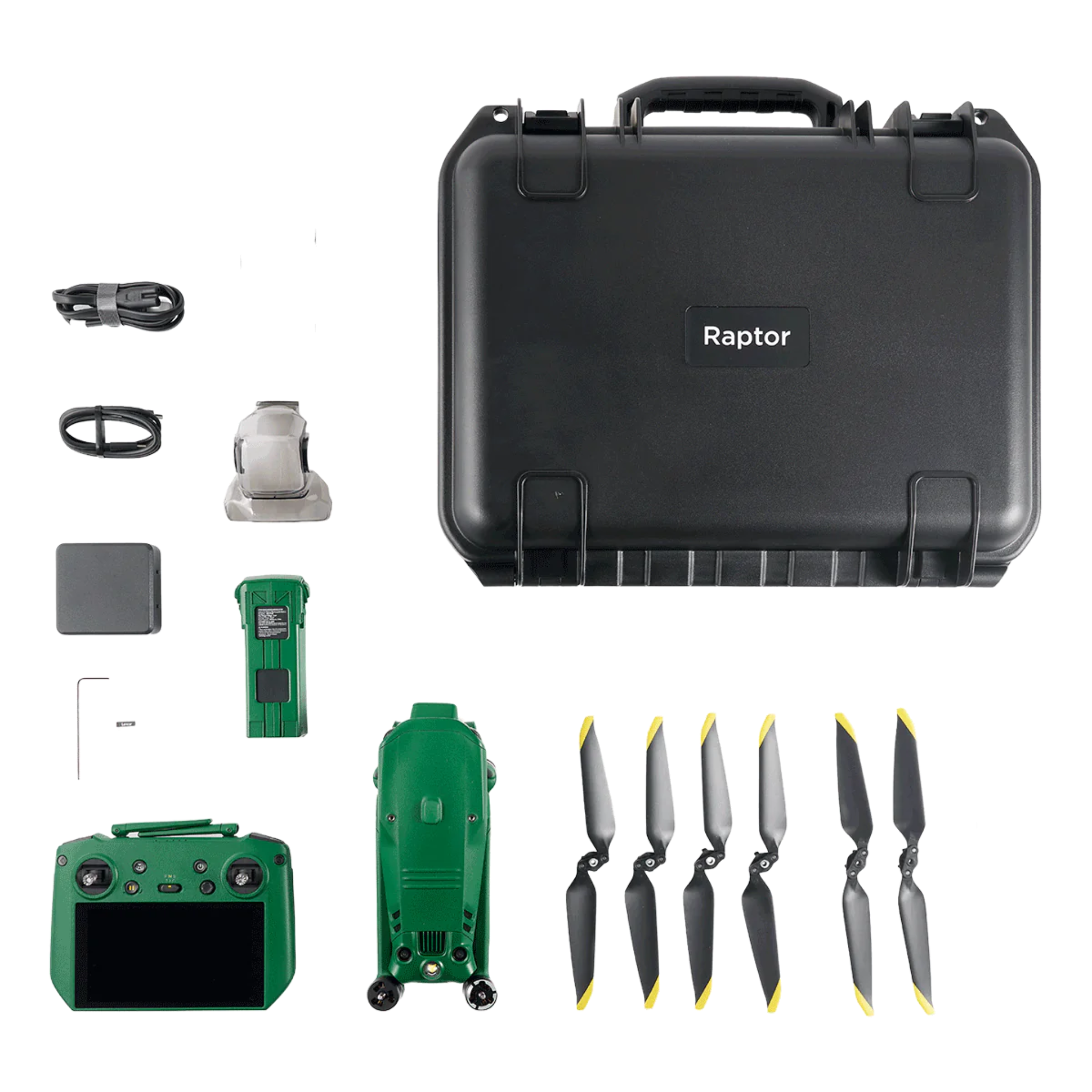 Anzu Raptor Drone displayed with its controller, built-in screen, and rapid-charging hub for extended operational efficiency.