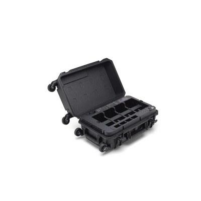 DJI BS65 Intelligent Battery Station open view displaying battery slots and smart charging interface.