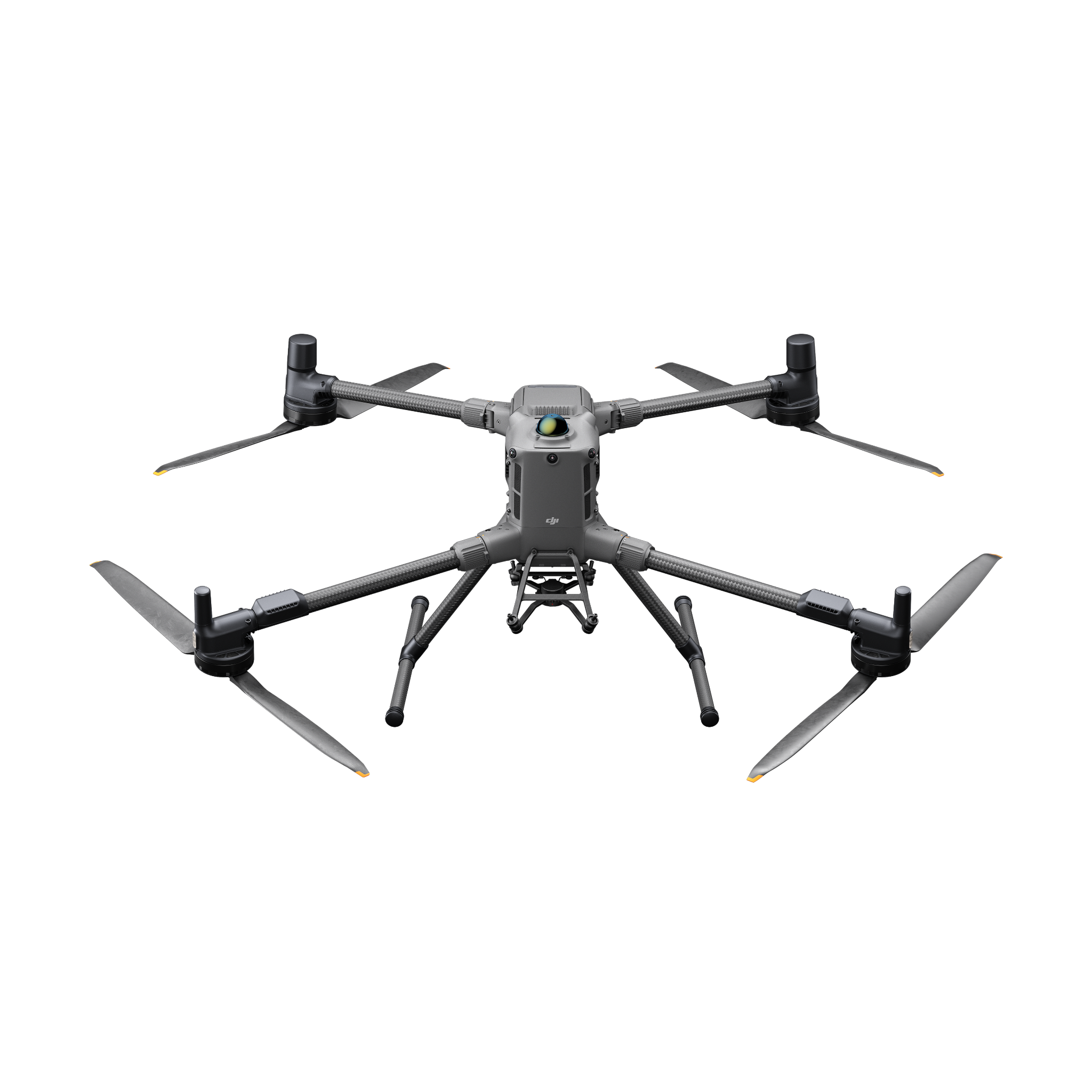 DJI Matrice 400 drone front angle on white background showing landing gear and gimbal mount