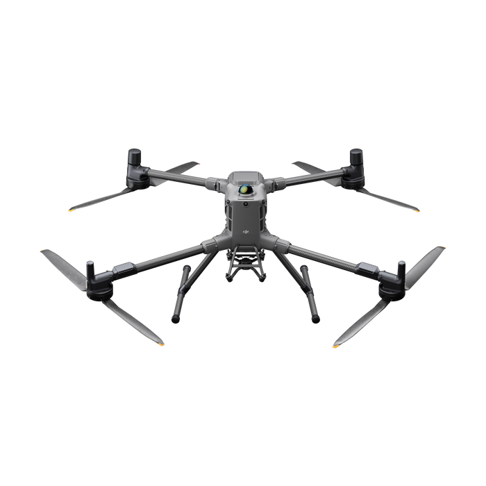 DJI Matrice 400 drone front angle on white background showing landing gear and gimbal mount