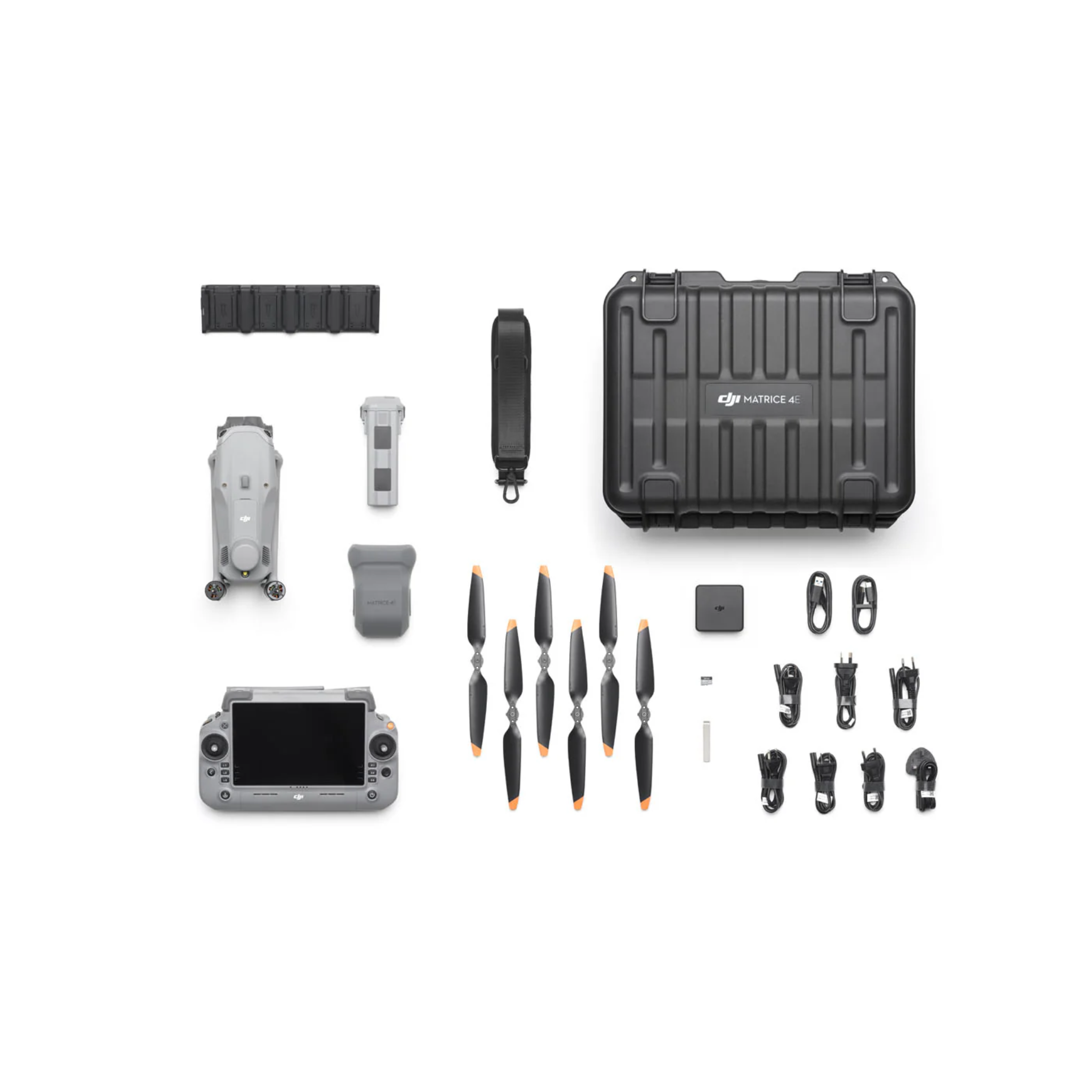 DJI Matrice 4E drone accessories including propellers, RTK module, and intelligent flight battery