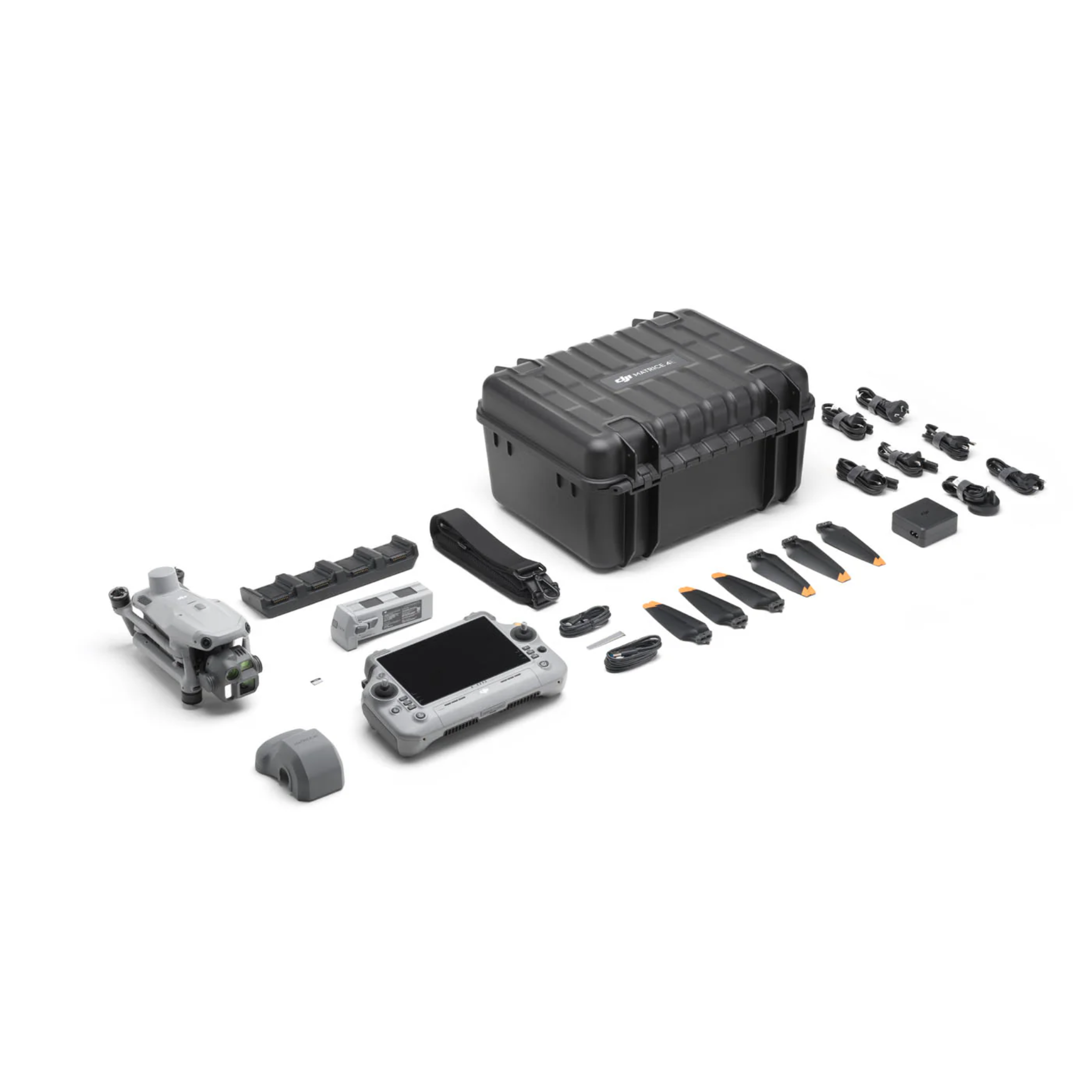 Complete DJI Matrice 4E drone kit with carrying case, batteries, propellers, and remote controller