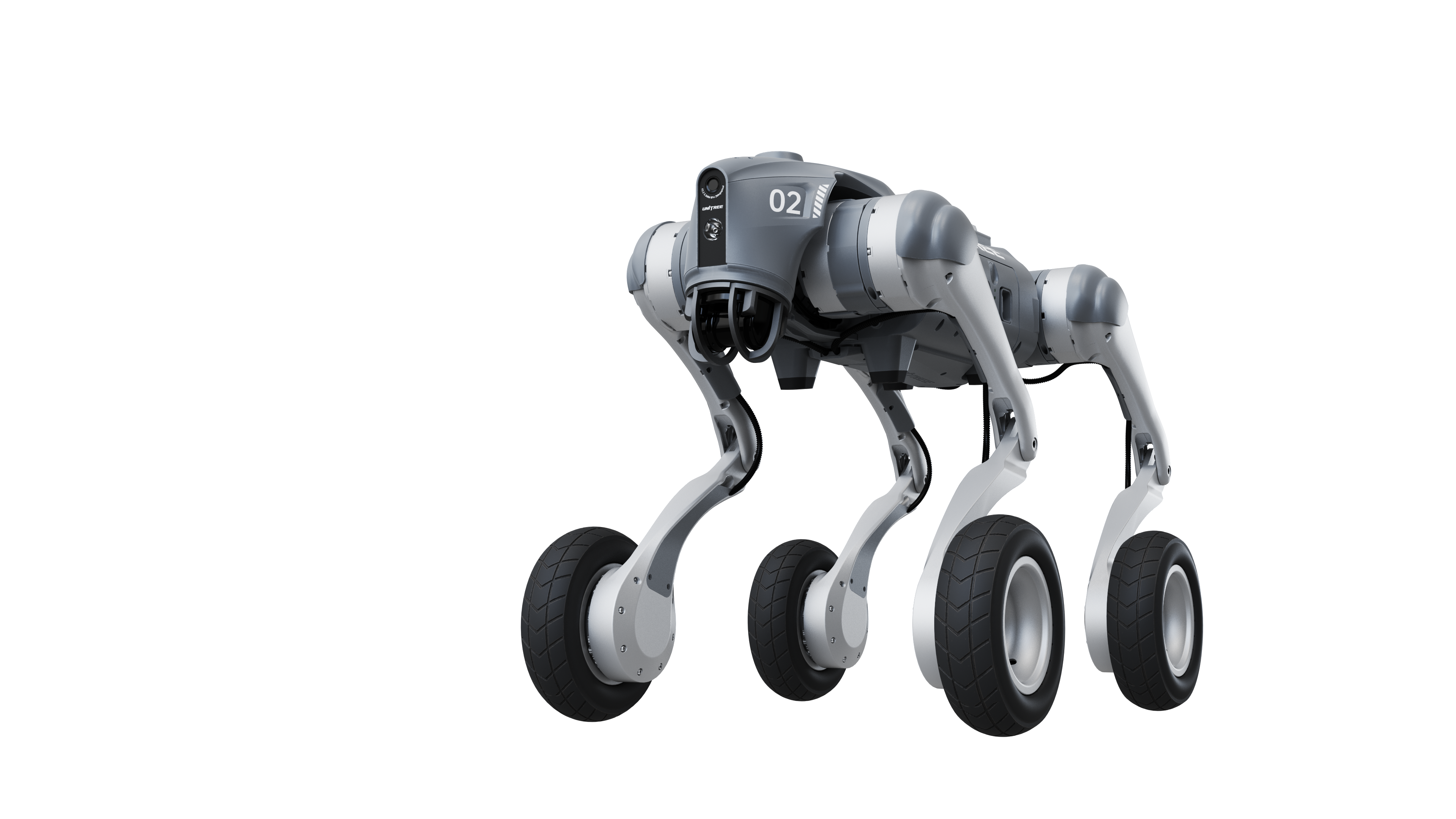 Unitree Go2-W wheel-leg robot dog, transparent background front view