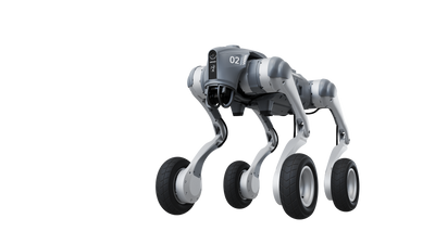 Unitree Go2-W wheel-leg robot dog, transparent background front view