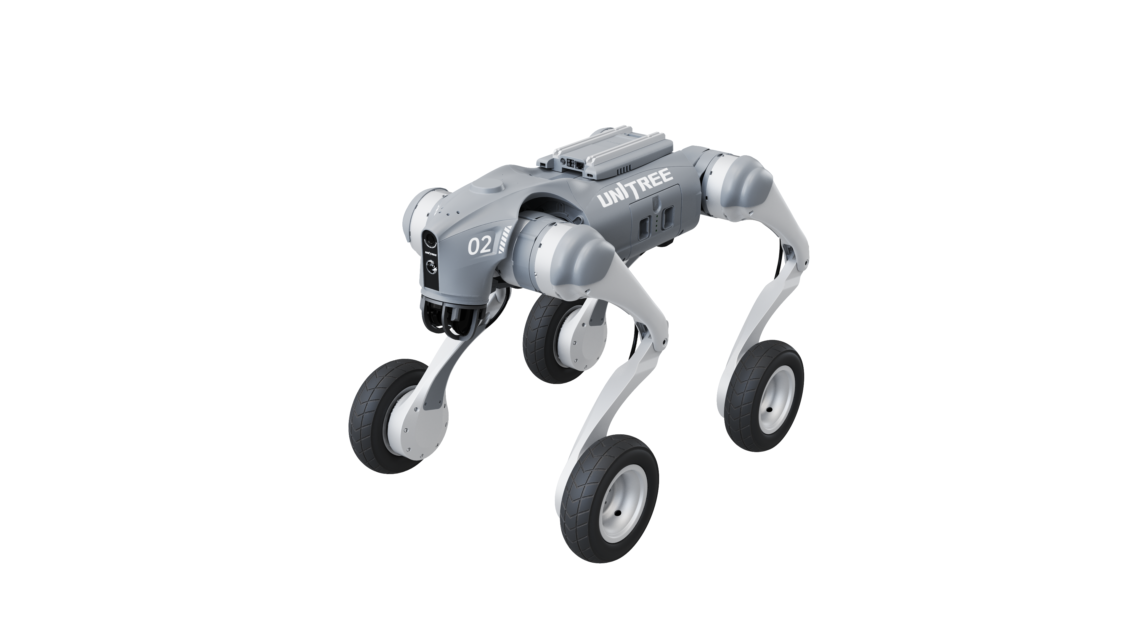 Unitree Go2-W wheeled robot dog, transparent background side view