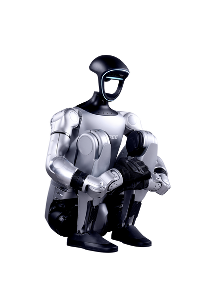 Unitree G1 humanoid robot in squat pose showing joint mobility