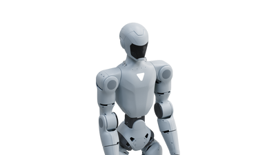 Unitree R1 humanoid robot, studio view on white background