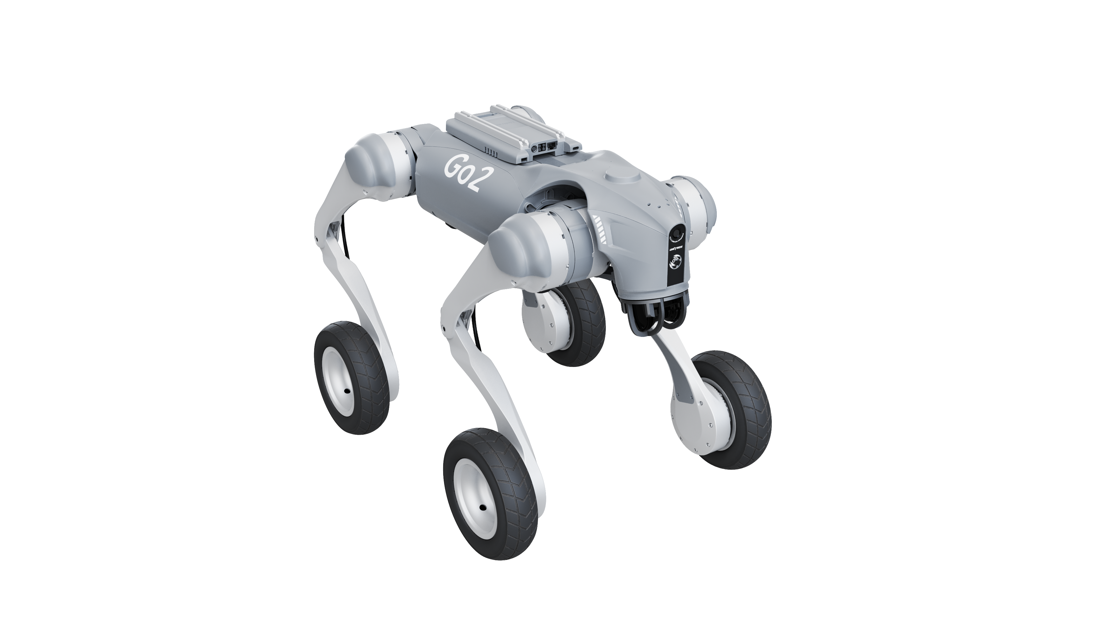 Unitree Go2-W wheeled quadruped, transparent background angled view