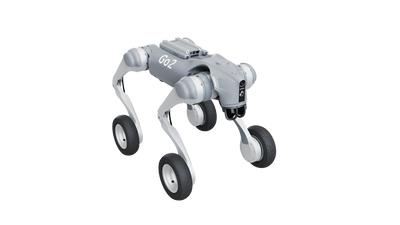 Unitree Go2-W wheeled quadruped, transparent background angled view