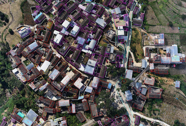 Aerial photogrammetry map of buildings and farmland captured with DJI Zenmuse P1 camera for survey and mapping