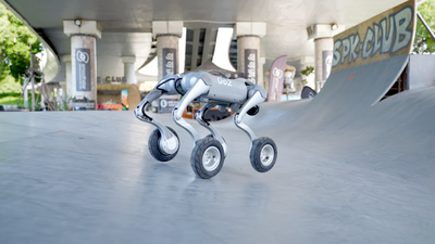 Unitree Go2-W wheeled quadruped, 4K studio render