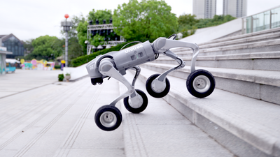 Unitree Go2-W wheeled quadruped robot, 4K render side angle