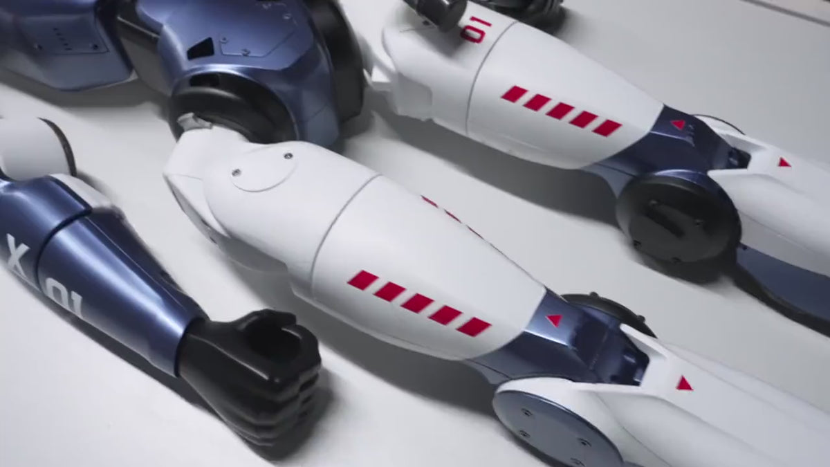 Load video: Unitree R1 humanoid robots laid out showing modular structure