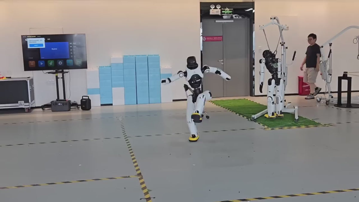 Load video: AgiBot X2 humanoid robot performing at a trade show booth in front of a crowd
