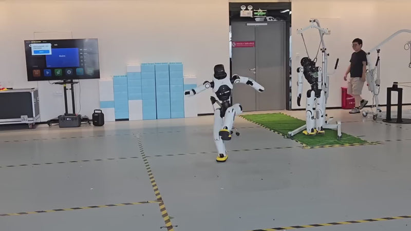 AgiBot X2 humanoid robot performing at a trade show booth in front of a crowd