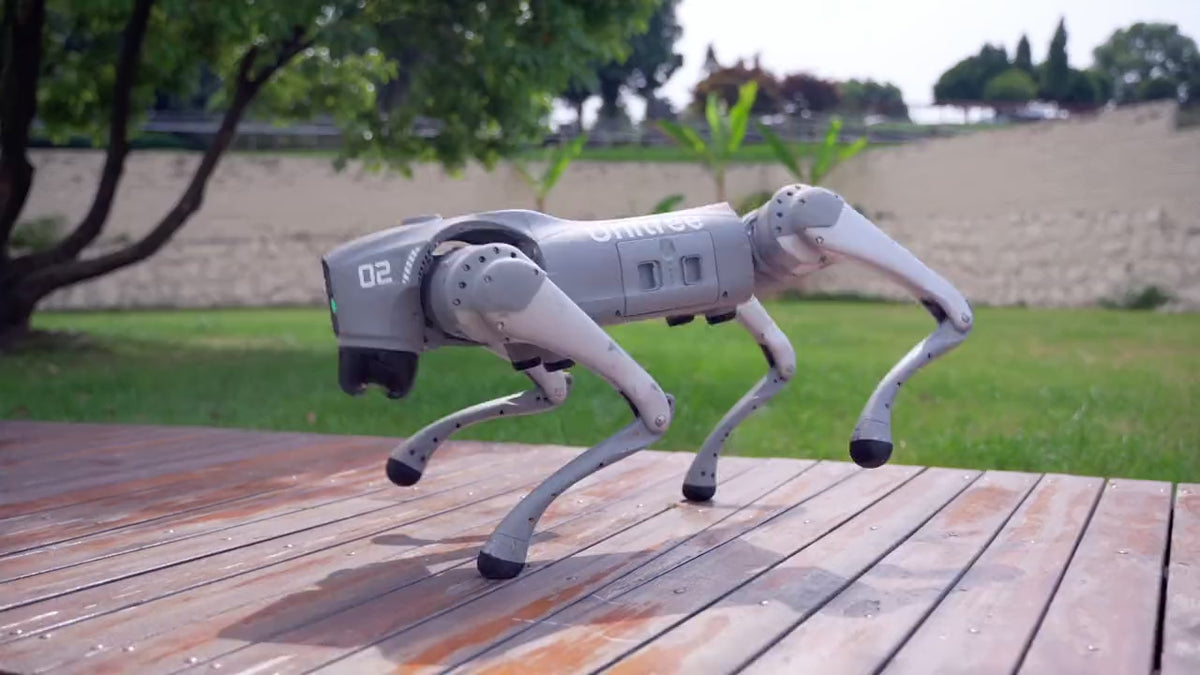 Load video: Unitree Go2 Pro quadruped robot leaping off a deck onto grass