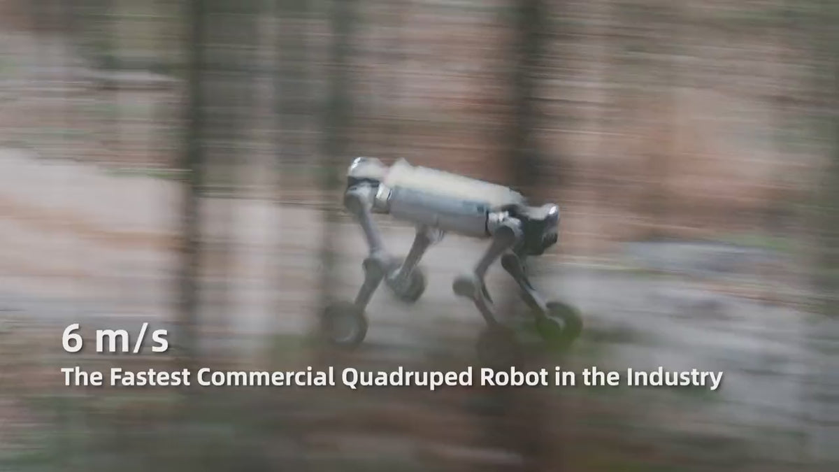 Load video: AgiBot D1 Max wheel-leg quadruped robot running at 6 m/s, wading through water at IP67 protection, and crossing an 80 cm obstacle
