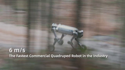 AgiBot D1 Max wheel-leg quadruped robot running at 6 m/s, wading through water at IP67 protection, and crossing an 80 cm obstacle